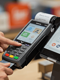 Card being tapped on a countertop payment terminal in a shop